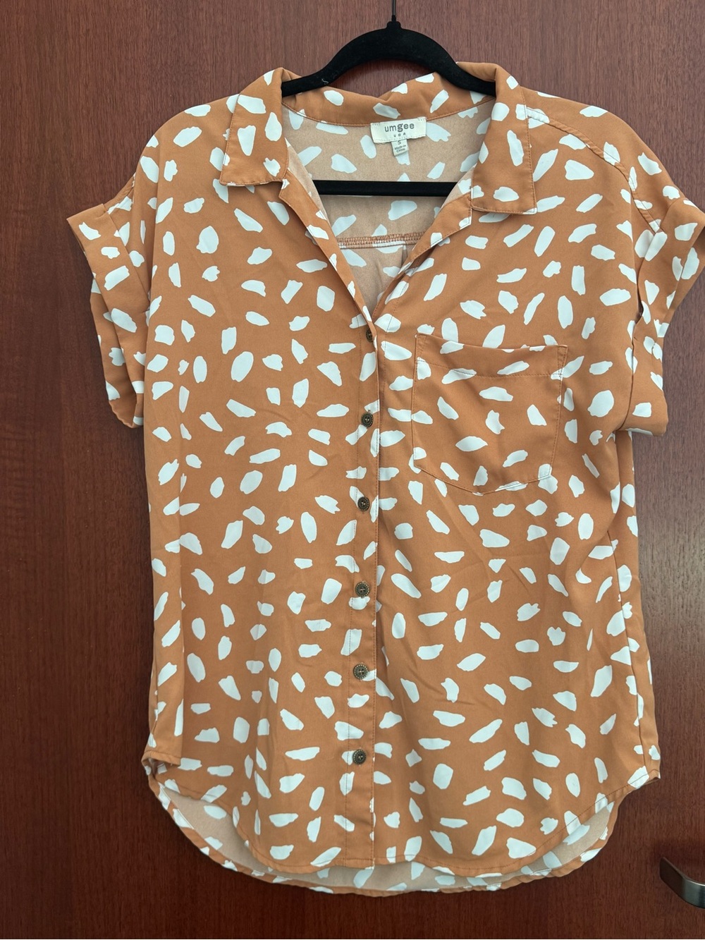 Umgee Rust with White Spot Short Sleeve Button-Up Top